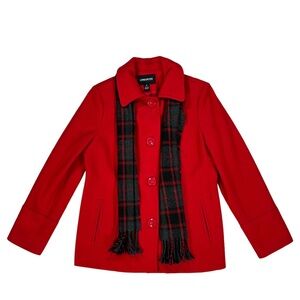 London Fog Women’s Red Wool Blend Single Breasted Pea Coat With Plaid Scarf Sz M